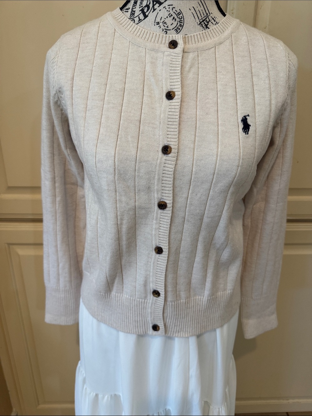 Ralph Lauren Cream Ribbed Button Cardigan with Navy Pony